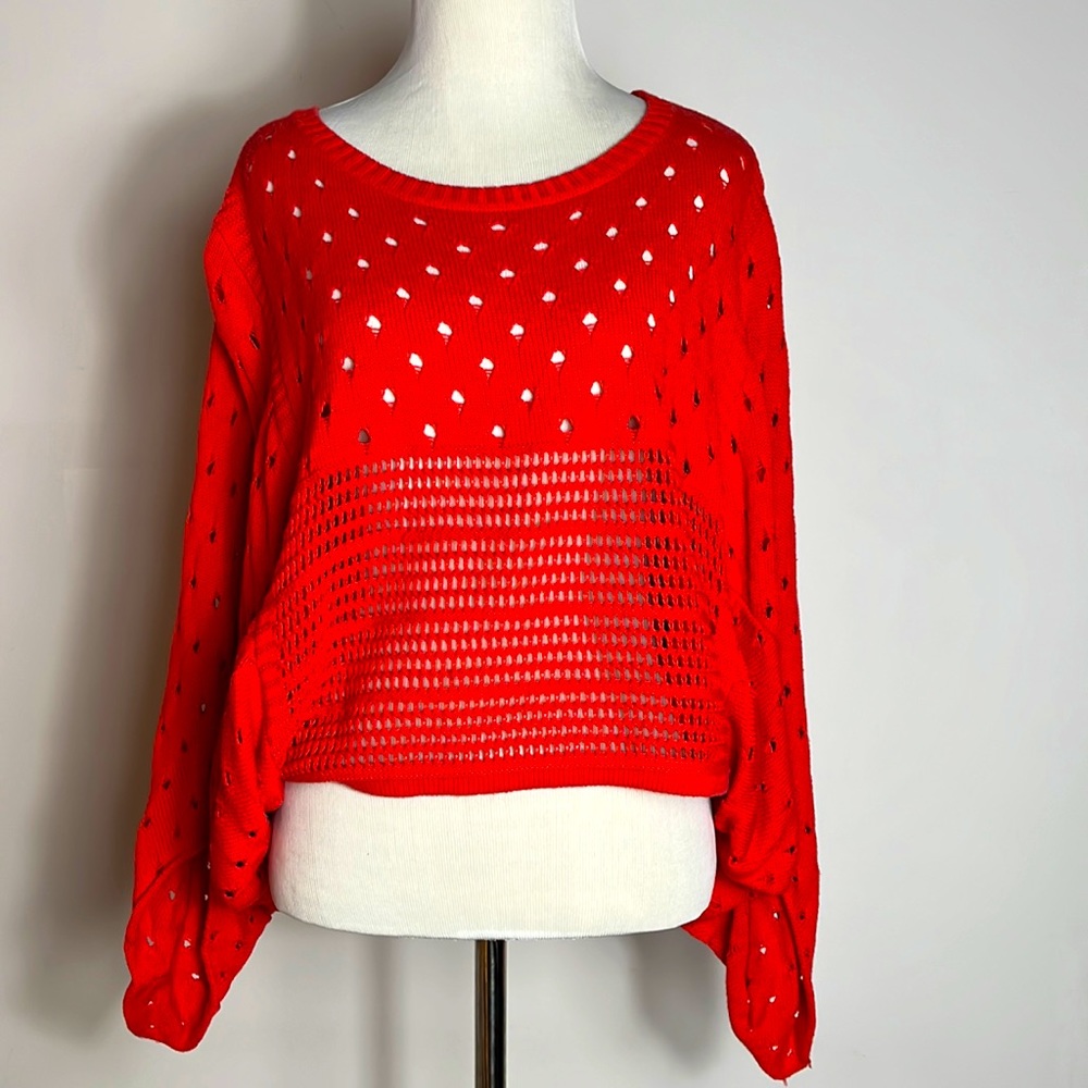 PATTERSON J. KINCAID KNIT RED KIMONO SLEEVES SHORT BOXY PULLOVER SWEATER